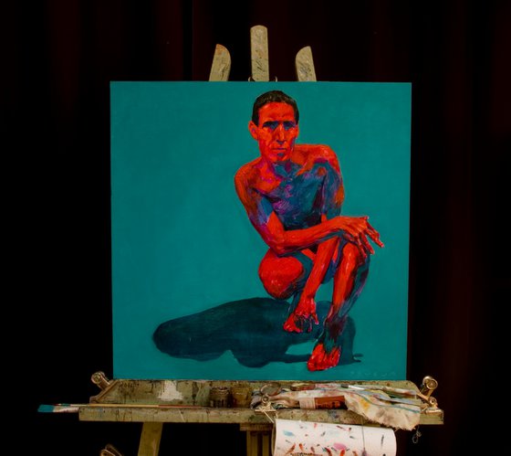 modern pop nude portrait of a man in red and blue