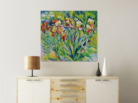 Irises and orange lilies
