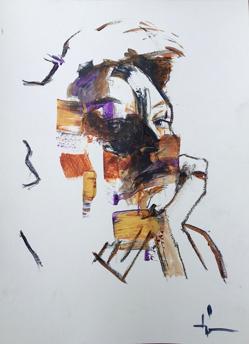 Expressive Portrait Acrylic Painting By Dominique Deve, 11 X 17, Agata, Original Artwork