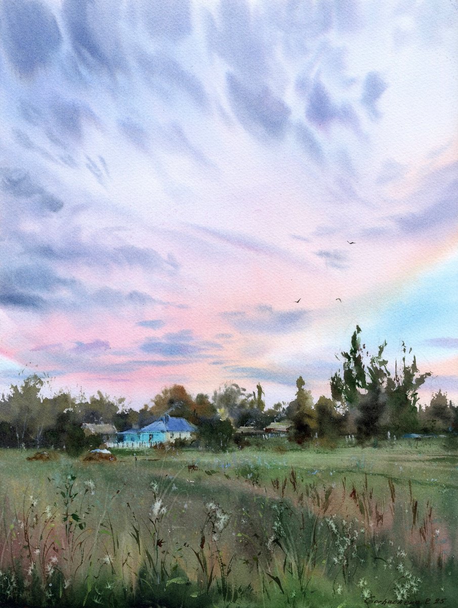 Impressionistic Landscape Watercolour By Eugenia Gorbacheva, 12 X 16, Under The Wide Sky, Original Artwork
