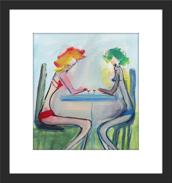 TWO PAINTINGS. GIRLS CAFE SKETCHES.  1. Bar Stool Friends. 2. Liqueurs with Girlfriend. Two Original Figurative watercolour paintings.