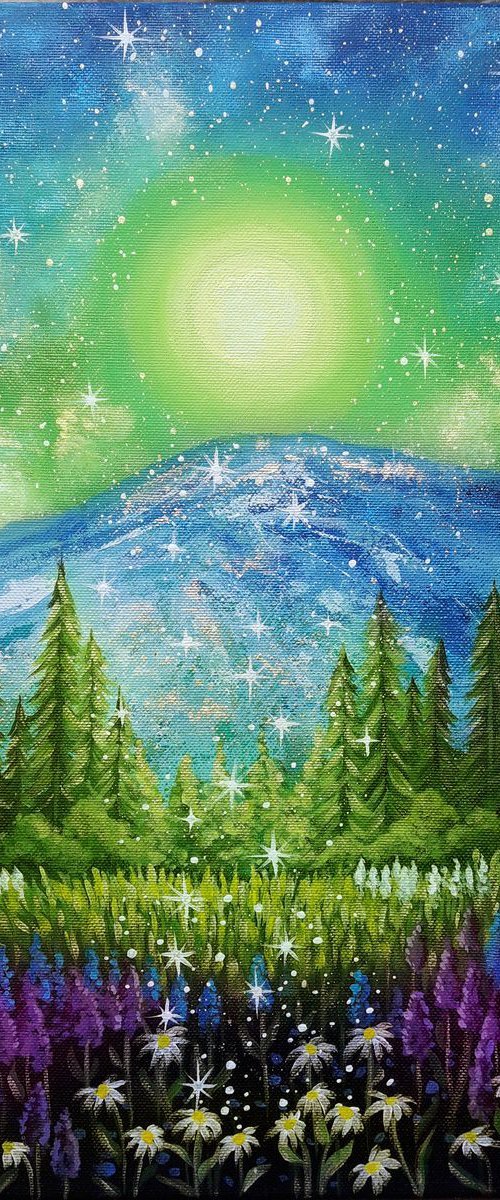 "Mysterious full moon", magic landscape painting with flowers, moonscape by Anna Steshenko