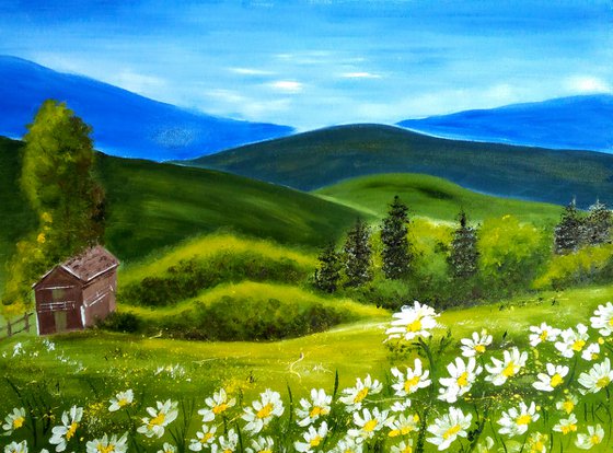 Spring mountain landscape house in mountains daisies" In mountains"