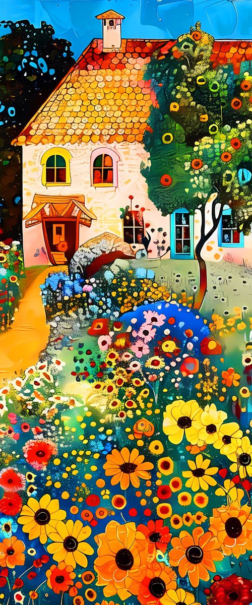 Sunny day with cozy house in colorful garden. Bright impressionistic fairytale floral landscape fantasy flowers. Hanging large positive relax naive fine art for home decor, inspiration by Matisse and Klimt by BAST