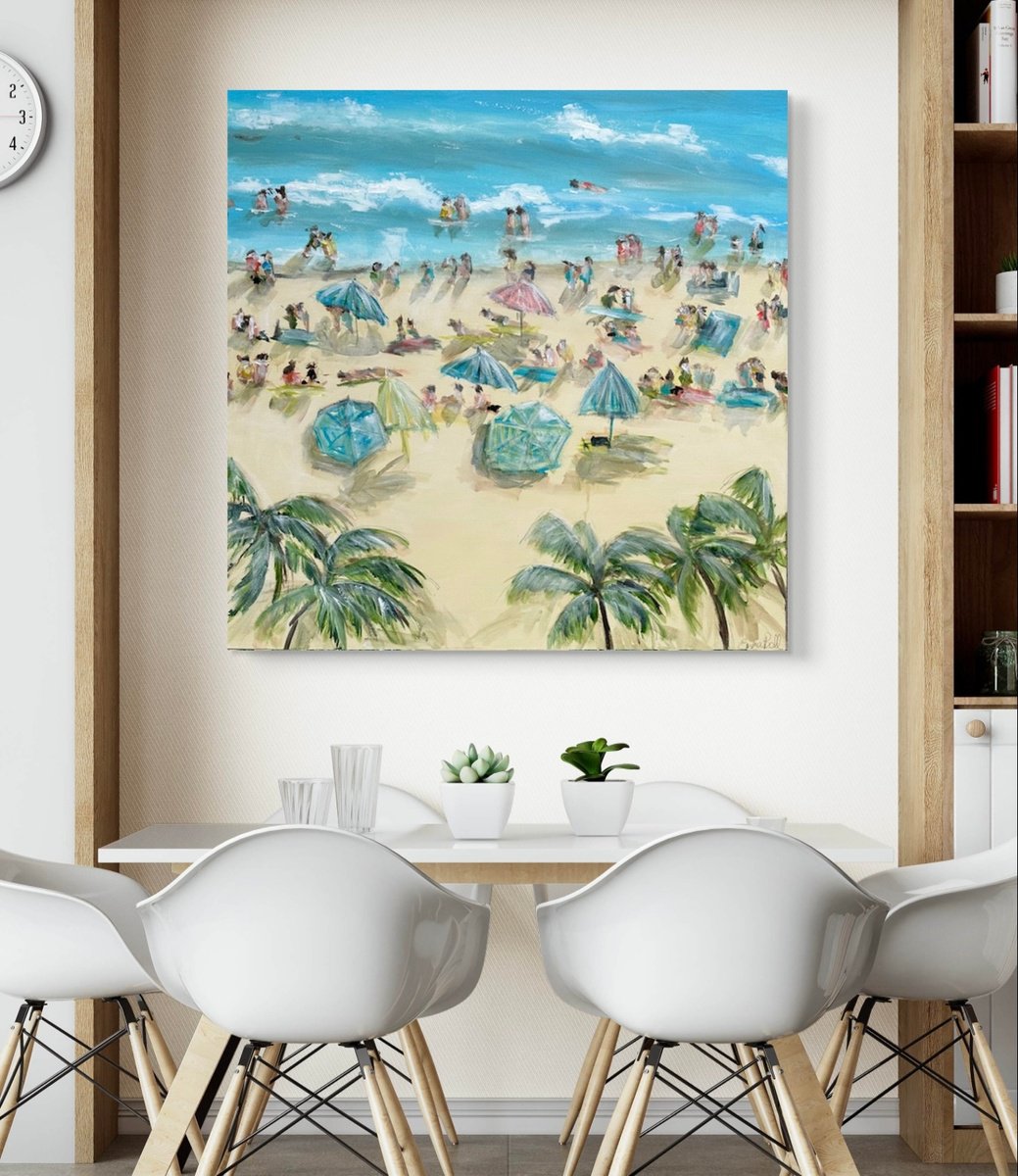 Impressionistic Landscape Acrylic Painting By Emma Bell, 48 X 48, Palms And Umbrellas, Original Artwork