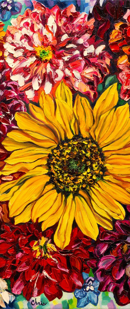 Sunflower with Dahlias & Delphinium Blossoms by Christina M Plichta