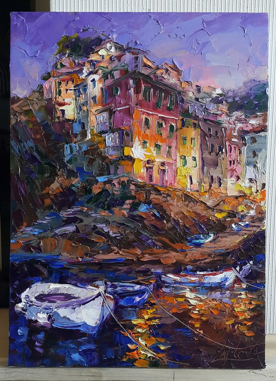 Painting original oil Evening in Riomaggiore,  Italian landscape, Cinque Terre