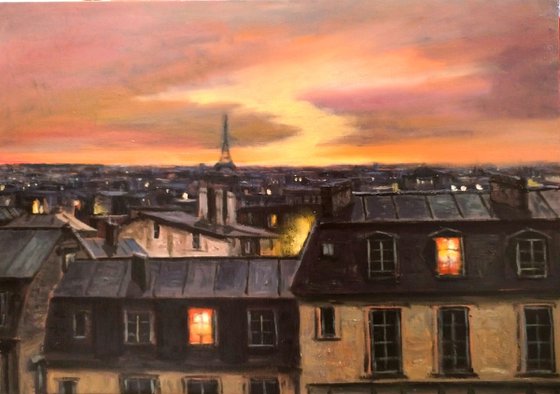 TWILIGHT OVER THE PARIS CITYSCAPE PAINTING