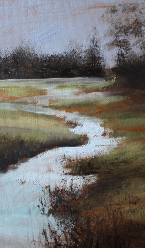 The East Marshland III (Sunset, River, Landscape Oil Painting). by Simon Jones