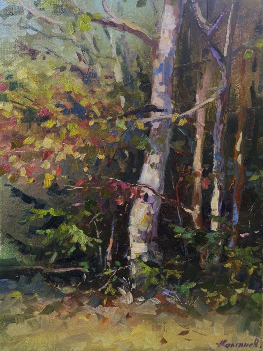 Autumnal park #3, pleinair, original, oil on canvas painting (12x16x0.7) by Alexander Koltakov