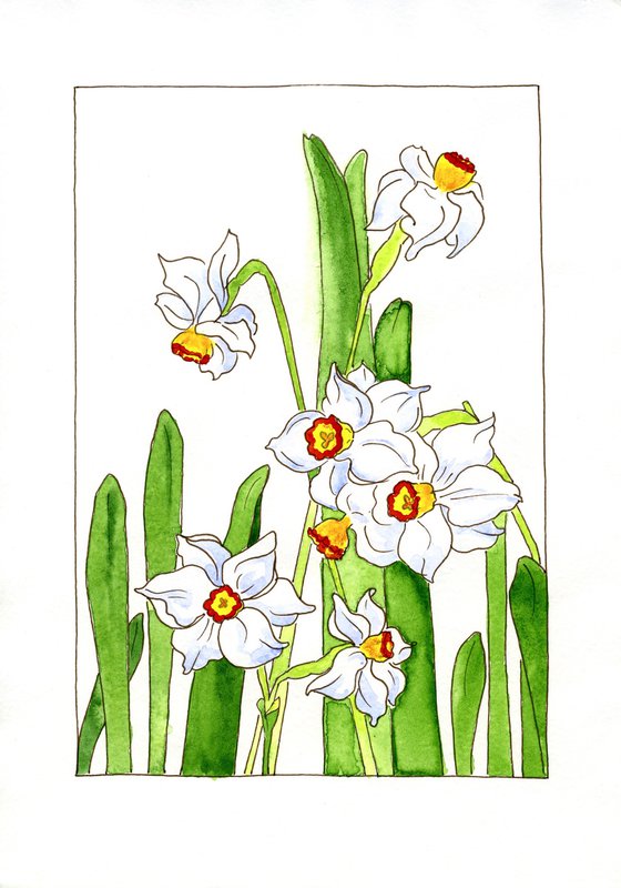 Daffodils flowers mixed media illustration