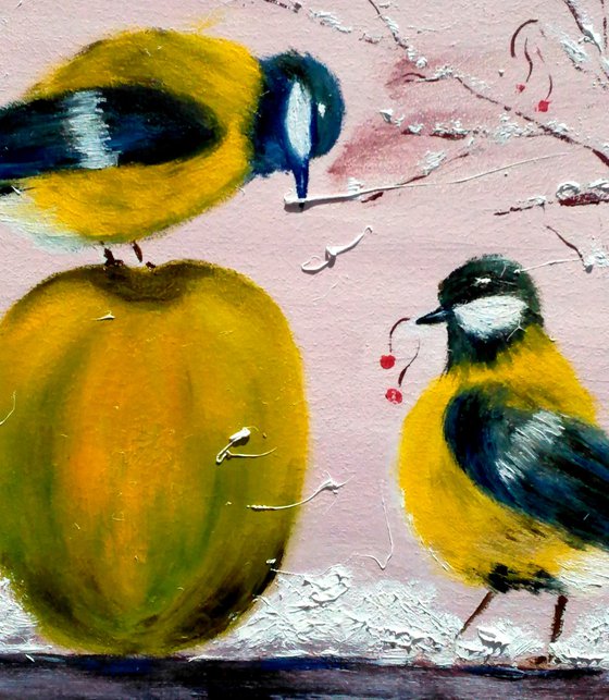 Chickadee Painting Bird Original Art Small Oil Artwork Titmouse Home Wall Art 12 by 8" by Halyna Kirichenko