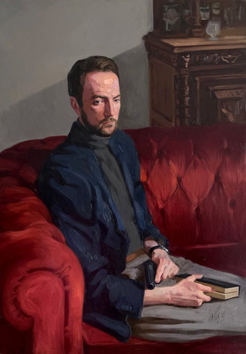 Portrait of a man with pistol and book by Elina Arbidane