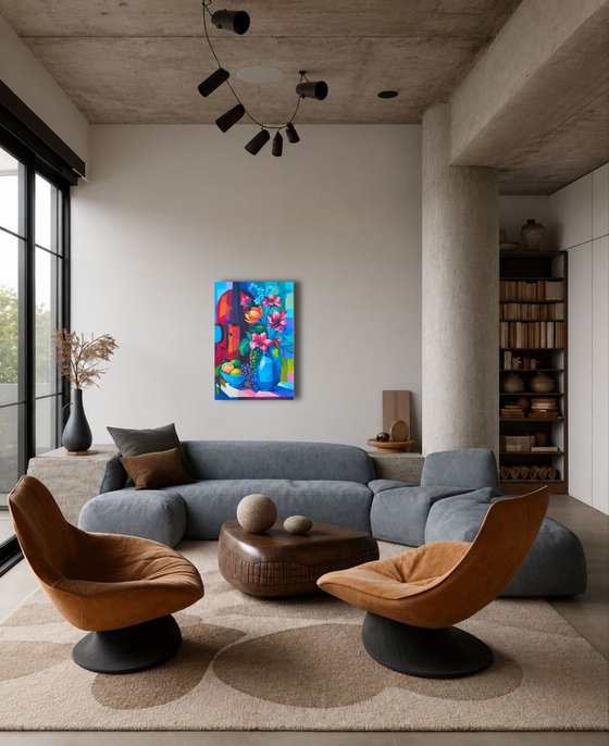 Colorful Floral Still Life with Cello