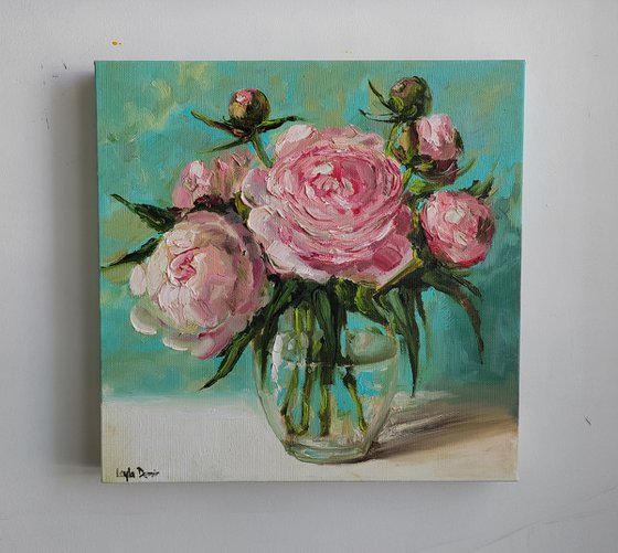 Pink and white peonies bouquet oil painting original still life 12x12"