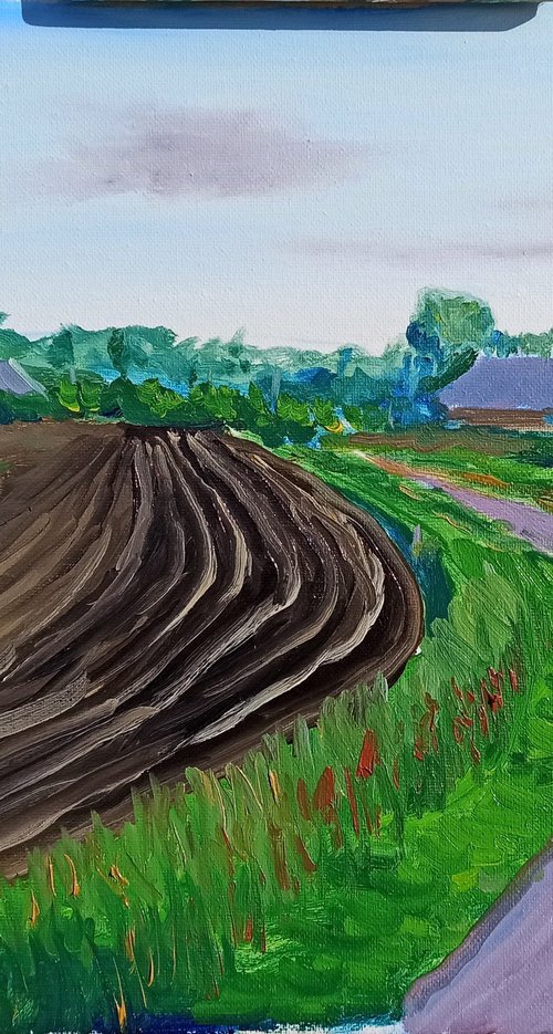 Plowed field, road and windmill . Plein Air by Dmitry Fedorov