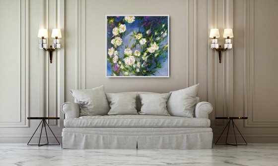 Trailing roses II Large Original Acrylic Painting Flower Artwork White Roses on Dark Background Large abstract Flowers