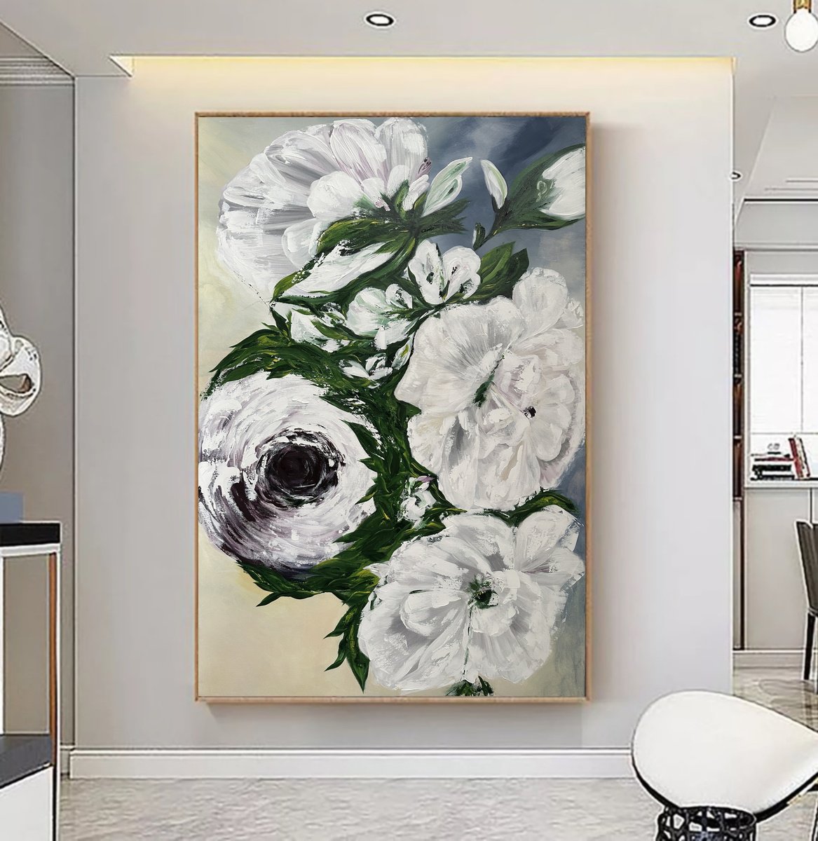 Expressive Botanical Acrylic Painting By Tatiana Malinovscaia, 39 X 59", Amazing Xl Flower Art, Original Artwork