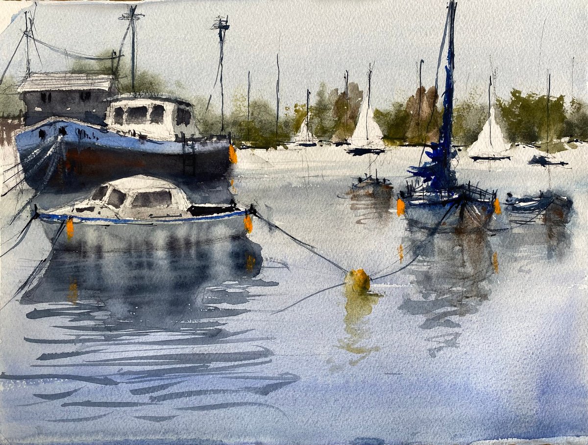 Impressionistic Watercolour , Boats On The Orwell-. By Paul Mitchell, 15 X 11, Artwork For Sale On Artfinder