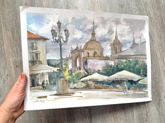 Square in old spanish town. Watercolour by Marina Trushnikova. Cityscape. Architectural scenery. Plain air artwork.