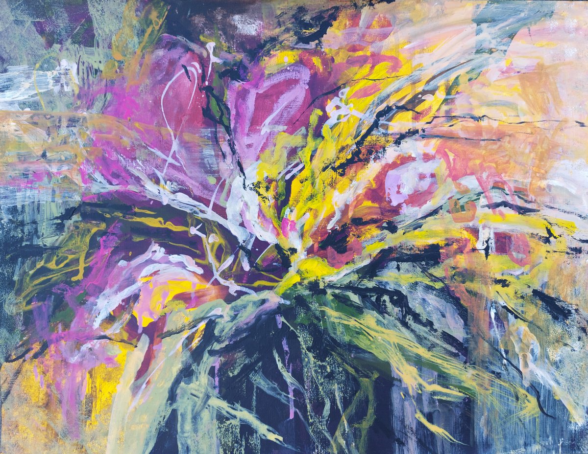 Abstract Acrylic Painting By Katia Solodka, 26 X 20", Passion Flower 2, Original Artwork