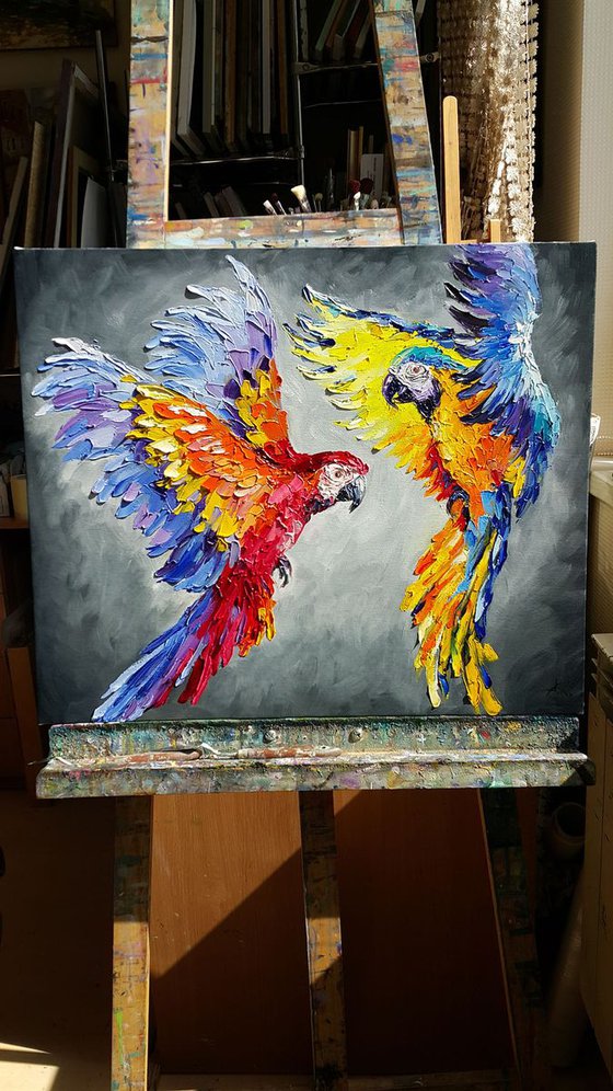 Dance in the sky - Ara parrot, bird, parrots, birds love, parrots art