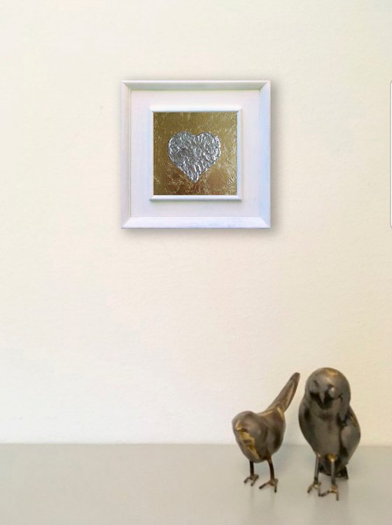 Silver Heart Painting Original Art Gold Leaf Artwork Impasto Mini Wall Art