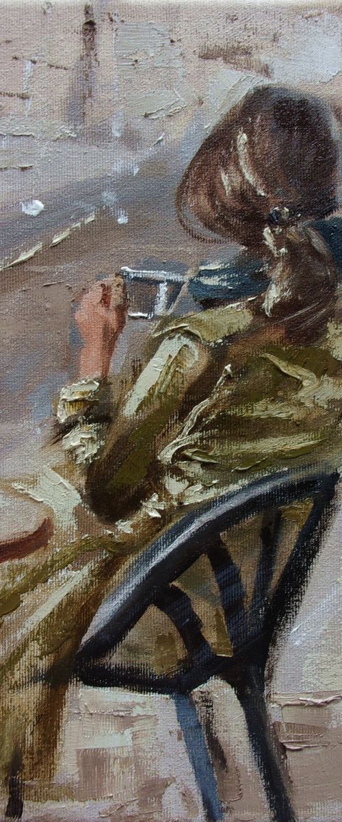 " COFFEE TIME ... " original painting SEA spring palette knife GIFT by Monika Luniak