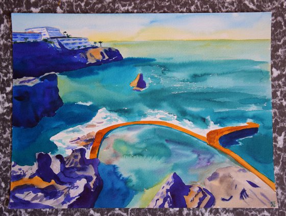 Spanish watercolor painting Sea and rocks on Canary Islands