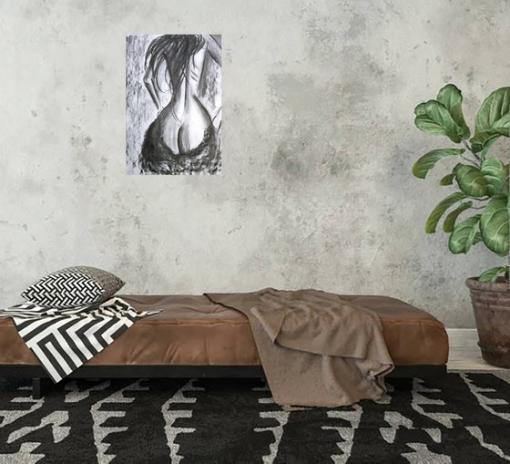 Nude Painting Female Original Art Standing Woman Drawing Charcoal Black and White Home Erotic Wall Art 13 by 18" by Halyna Kirichenko