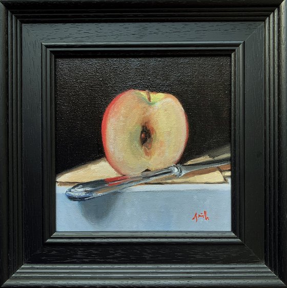 Apple and Silver Knife oil painting still life on canvas, framed ready to hang.