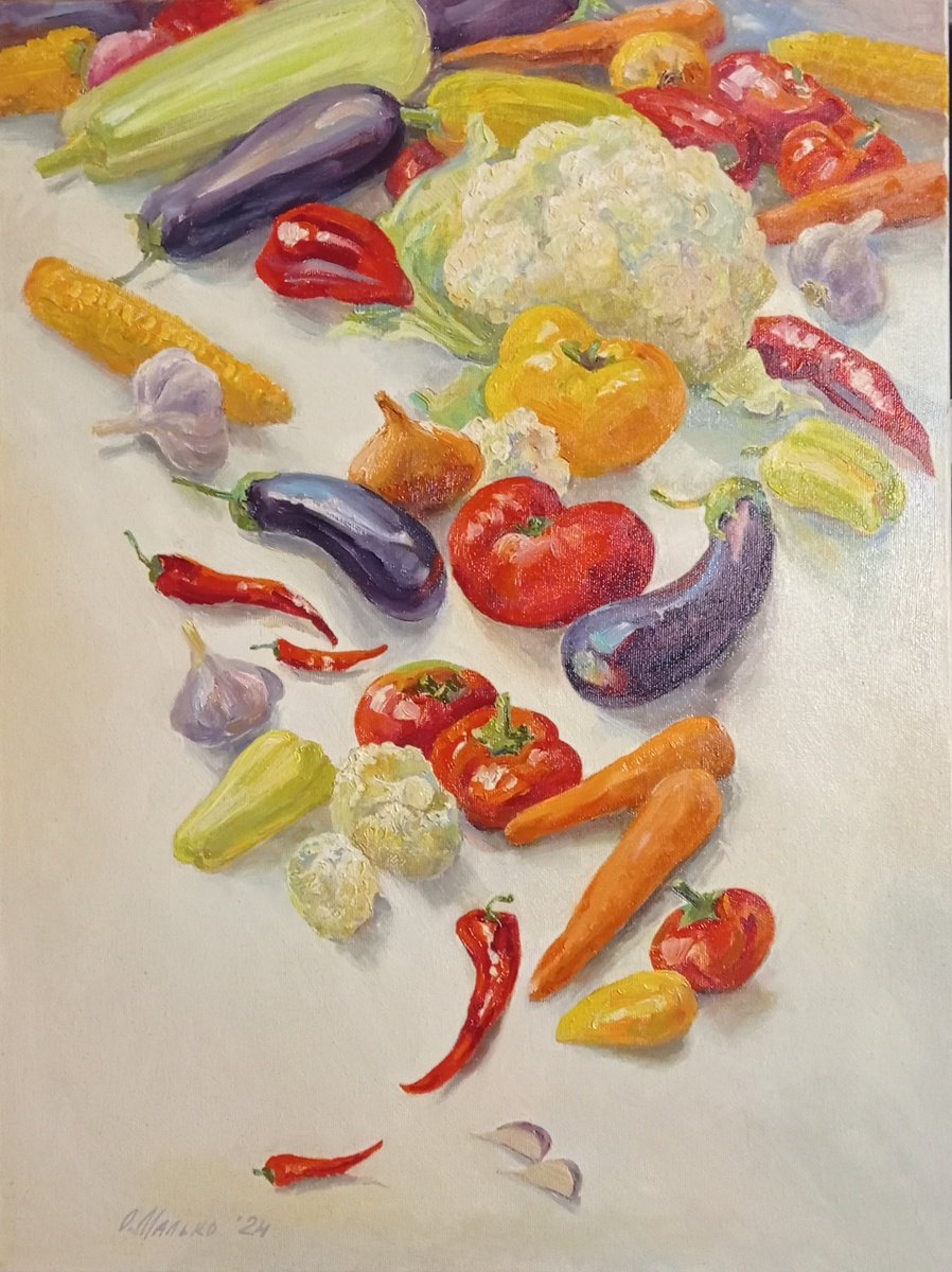 Impressionistic Still Life Oil Painting By Olha Malko, 18 X 24", Vegan Food, Original Artwork