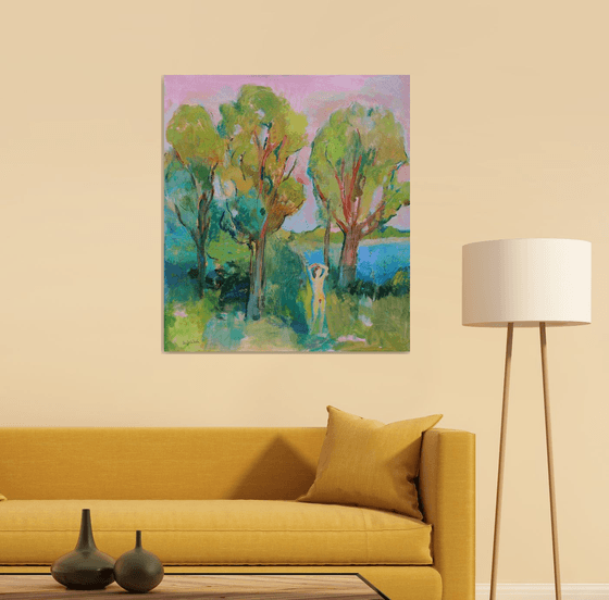 The girl is sunbathing