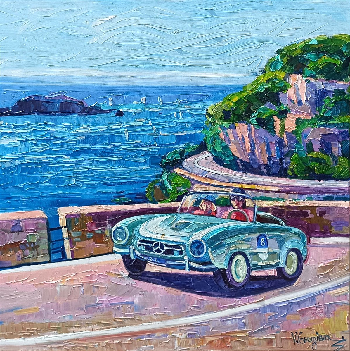Expressive Landscape Oil Painting By Vanya Georgieva, 31 X 31", Mille Miglia 7 / Sorrento Roads, Original Artwork