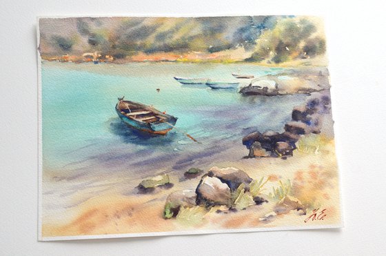 Boat by the sea in Montenegro, Watercolor turquoise seascape