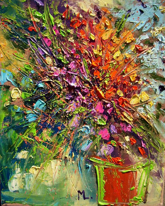 FOR ALL :) " SPRING FLOWERS "  ABSTRACT original OIL painting St. Patrick's Day CITY palette knife GIFT MODERN URBAN ART OFFICE ART DECOR HOME DECOR GIFT IDEA