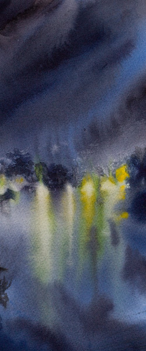 Autumn river in the night. Original watercolor small painting sunset blue sunset lights reflections by Sasha Romm