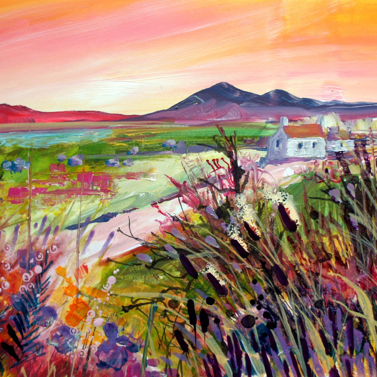 Organic Landscape Acrylic Painting By Julia Rigby, 16 X 16", White Stone Cottages, Scottish Highlands, Original Artwork