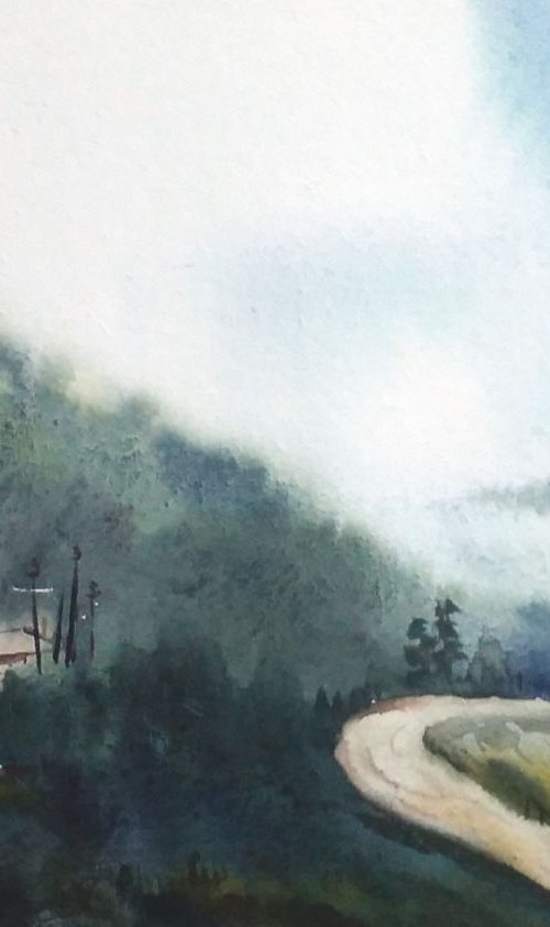 Monsoon Himalaya Village - Watercolor on Paper by Samiran Sarkar