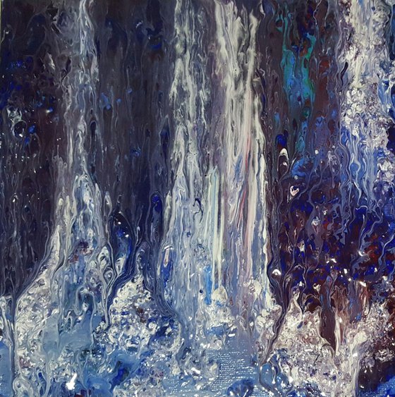 Waterfall - small abstract painting on stretched canvas, ready to hang, unique frothing technique 20x20 cm