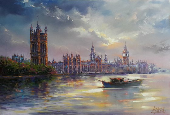 London Evening -  Thames, Palace of Westminster, large original oil painting