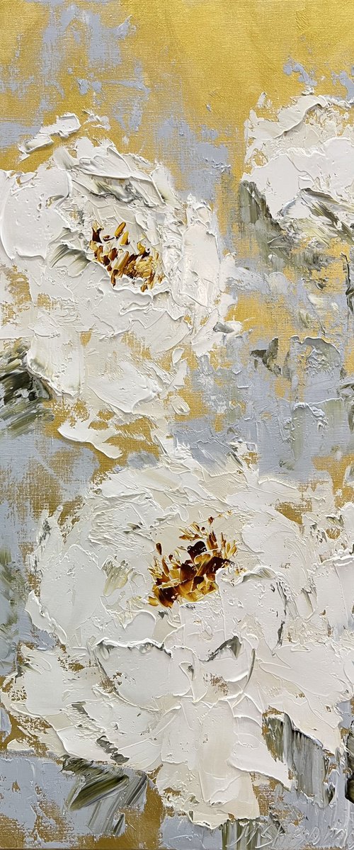 Gold White Abstract Peonies by Marina Skromova