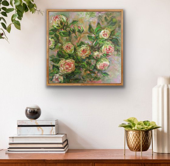Original Oil Painting of White Roses Bush Romantic Impressionism Blooming flowers for your new home design housewarming gift white and green good vibes cosy love Small 12x12 in. (30x30 cm)