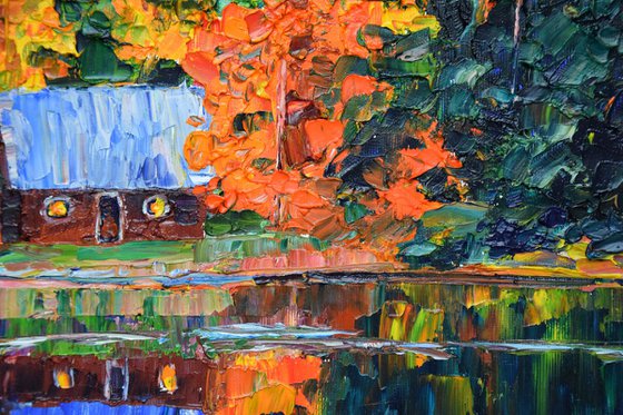 Fall woodland house original oil painting on canvas, autumn forest landscape, cozy home decor