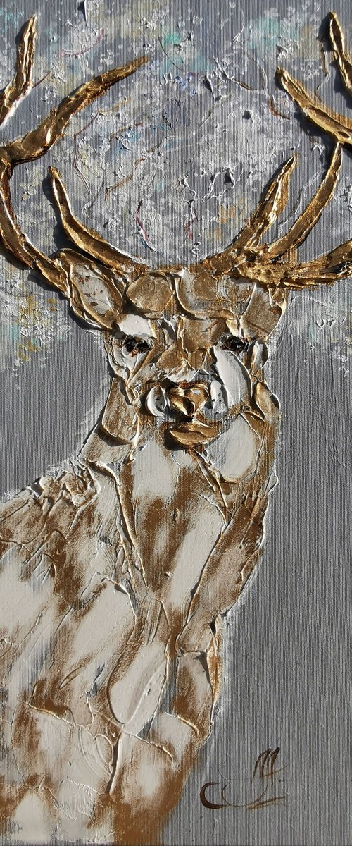 Golden deer Christmas decor, Oil painting original by Annet Loginova