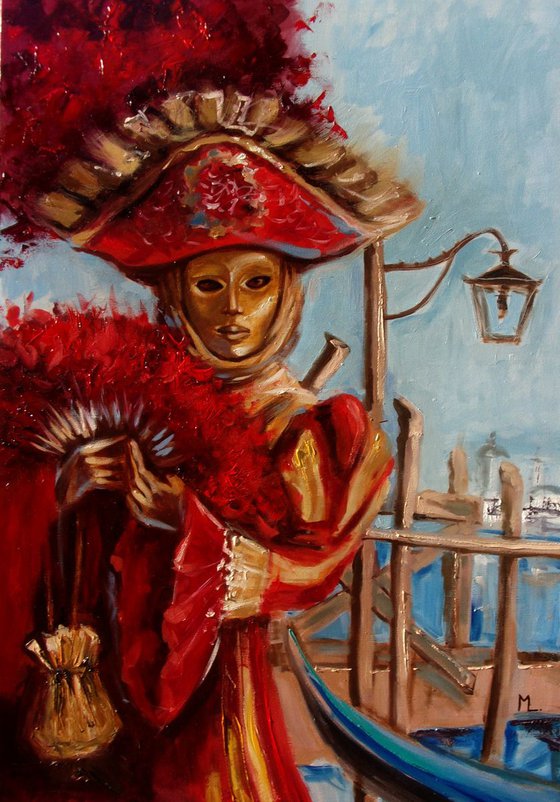 COMMISSION " VENETIAN CARNIVAL ... " - LARGE FORMAT MASKA original oil painting on canvas, gift,  PALETTE KNIFE