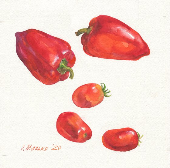 Veggies 3. Peppers and tomatoes / Kitchen wall art. Modern watercolor picture