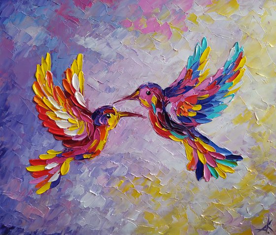 In pink dreams - birds, hummingbirds oil painting, love oil painting, birds oil painting, hummingbirds, love, animals oil painting, art bird, impressionism, palette knife, gift idea.