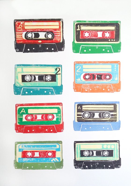 Linocut tapes #26 (cassette tapes, retro music, 70's, 80's rock culture)