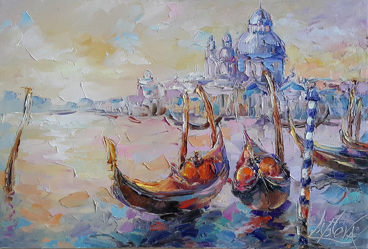 Impressionistic Landscape Oil Painting By Viktoria Lapteva, 24 X 16", Magic Of The Morning In Venice, Original Artwork